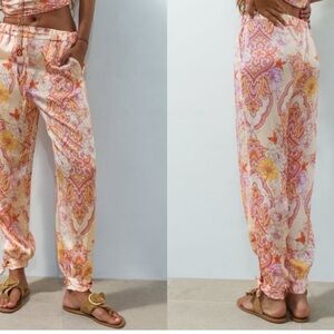 Zara Floral Paisley Print Satin Effect High Waisted Tie Ankle Pants Size Small